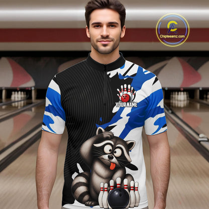 Funny Raccoon Blue Camo Bowling Shirts For Men Custom Bowling Team Jersey Bowling Polo & 1/4 Zip TDM6598