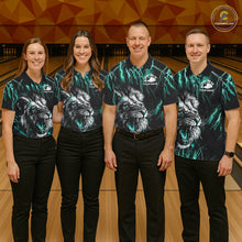 Load image into Gallery viewer, Bowling team wearing matching black and turquoise thunder lightning lion custom bowling jerseys front view.