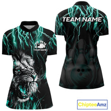 Load image into Gallery viewer, Black and turquoise thunder lightning lion quarter zip bowling shirt for women, custom bowling team jersey and tournament apparel.