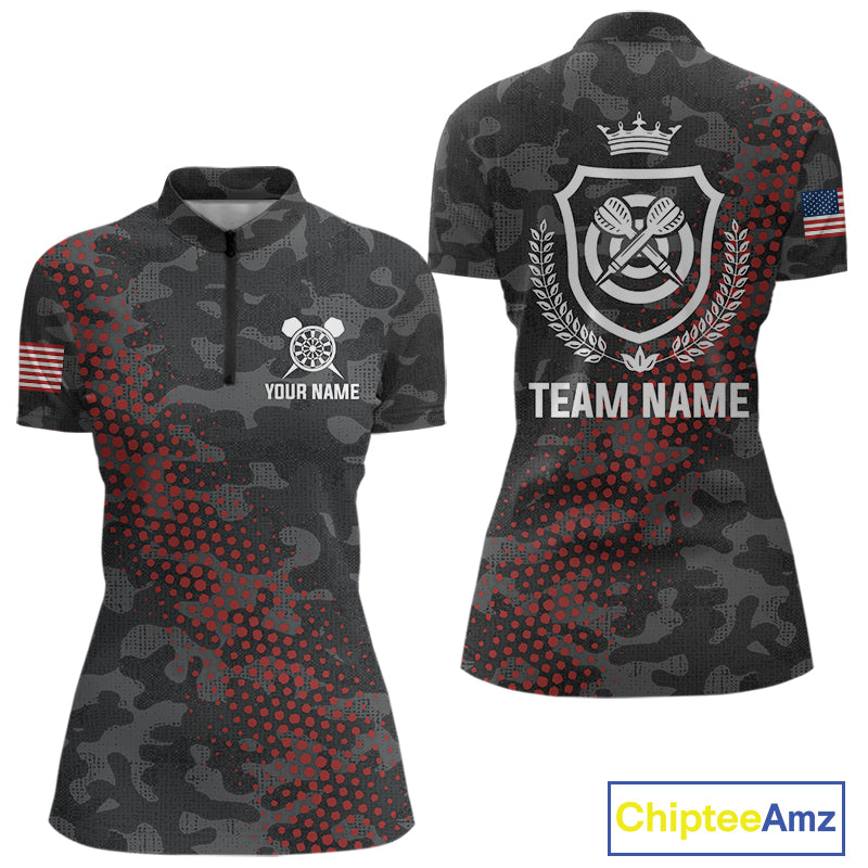 Red And Grey Camo Darts Shirt For Women Custom Camouflage Darts Team Jerseys Polo & Quarter Zip TDM4432