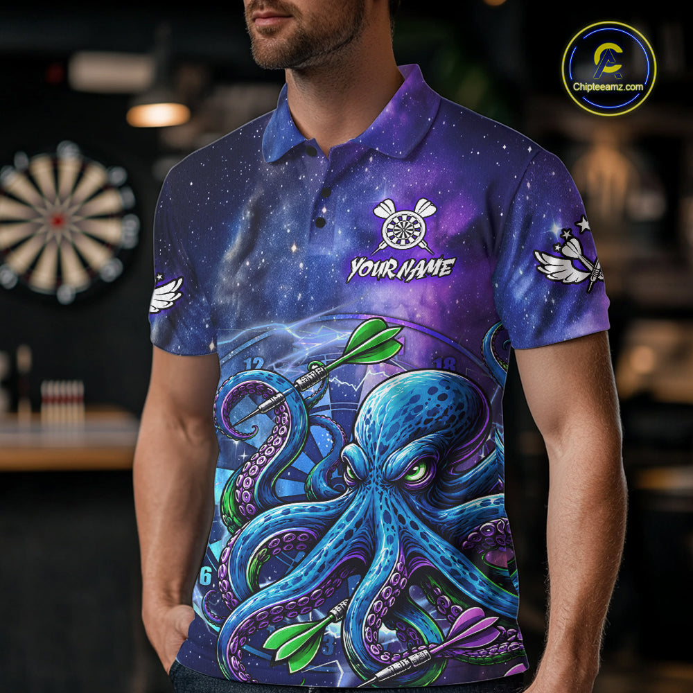 Man Wearing Funny Octopus Blue Purple Galaxy Darts Polo Shirt with Athletic Performance Fit and Colorful Galaxy Artwork, Front View