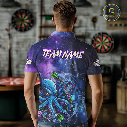Man Wearing Funny Octopus Blue Purple Galaxy Custom Darts Team Jersey Featuring the Complete Rear Graphic Design, Back View