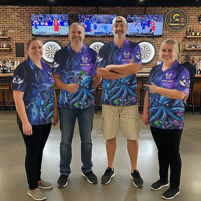 Dart Team Wearing Funny Octopus Blue Purple Galaxy Darts Jerseys During League Competition and Tournament Matches, Front View