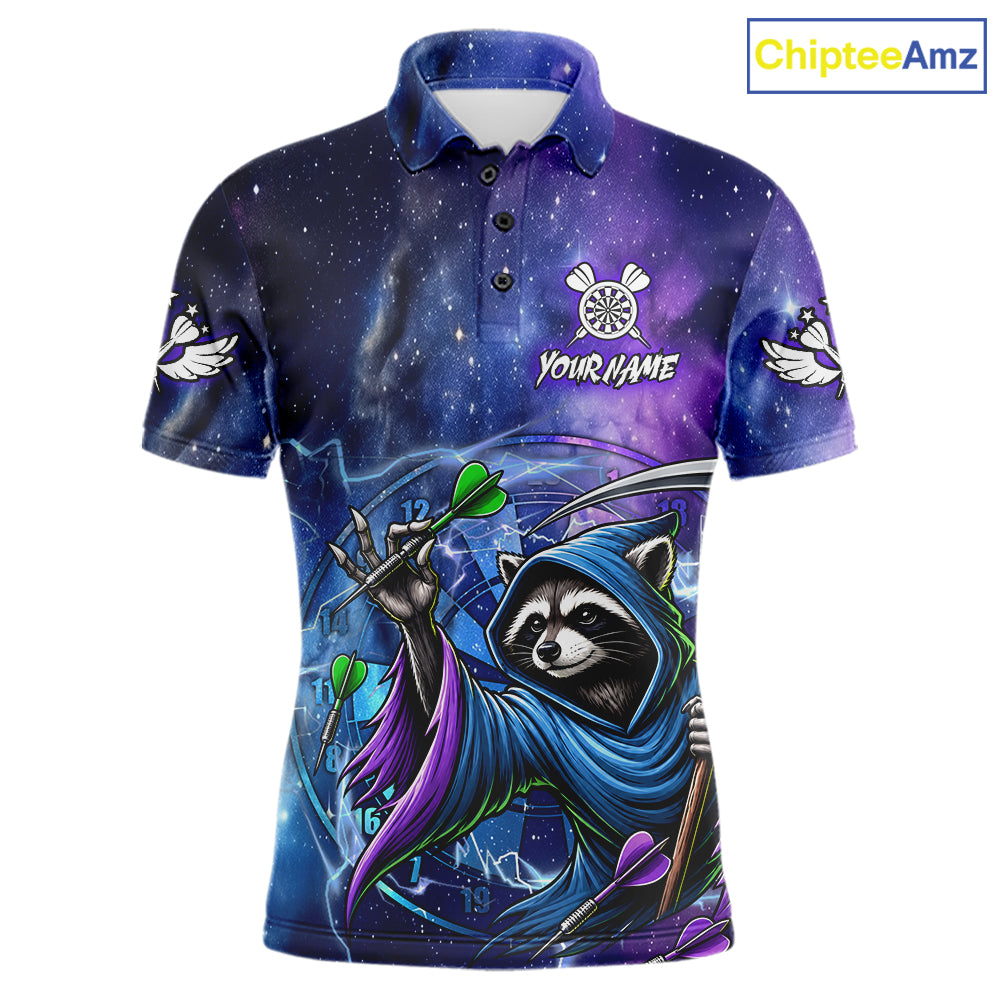 Funny Raccoon Wizard Blue Purple Galaxy Darts Polo Shirt Featuring Magical Galaxy Artwork for Dart League Players, Team Competition, and Tournament Events