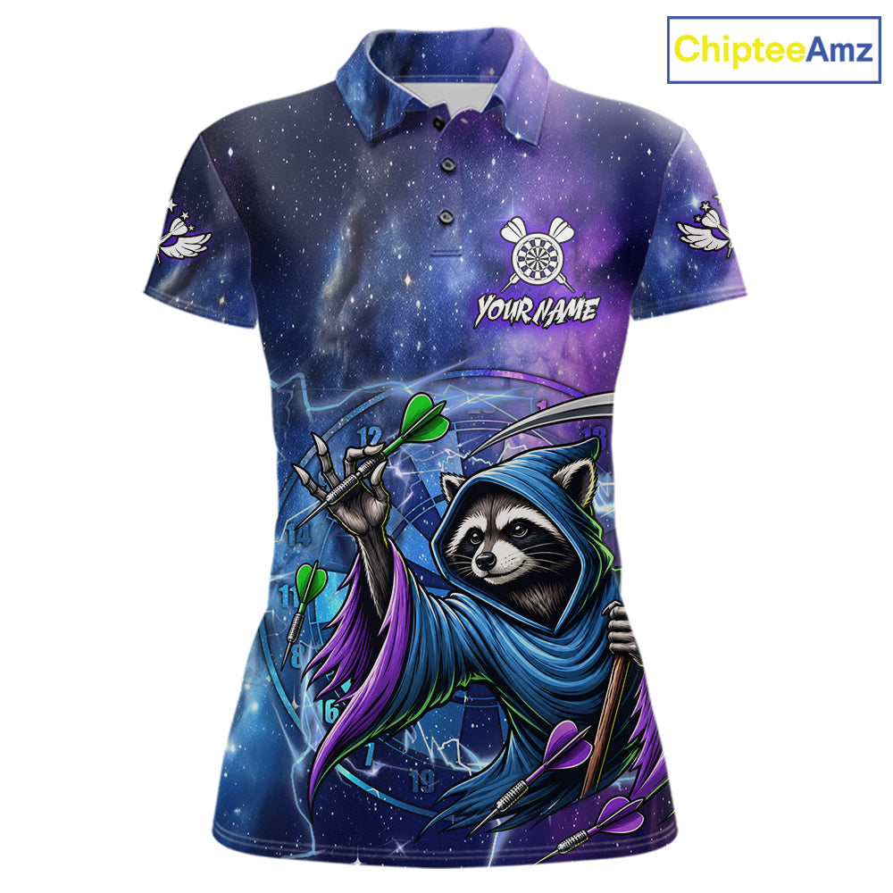 Funny Raccoon Wizard Blue Purple Galaxy Darts Polo Shirt Featuring Magical Galaxy Artwork for Dart League Players, Team Competition, and Tournament Events