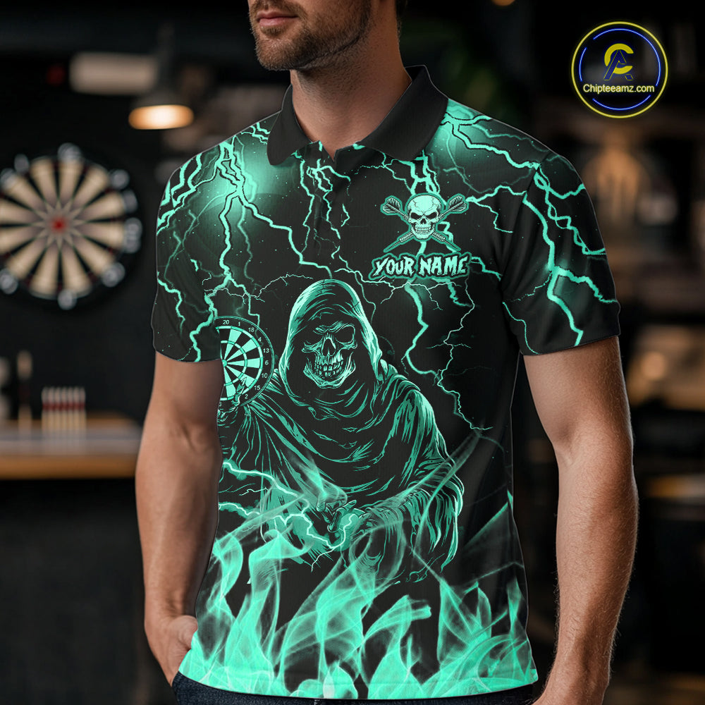 Man Wearing Turquoise Grim Reaper Fire Flame Darts Polo Shirt with Athletic Performance Fit and Thunder Lightning Graphic Artwork, Front View