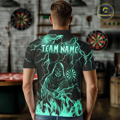 Man Wearing Turquoise Grim Reaper Fire Flame Custom Darts Team Jersey Featuring the Complete Rear Graphic Design, Back View
