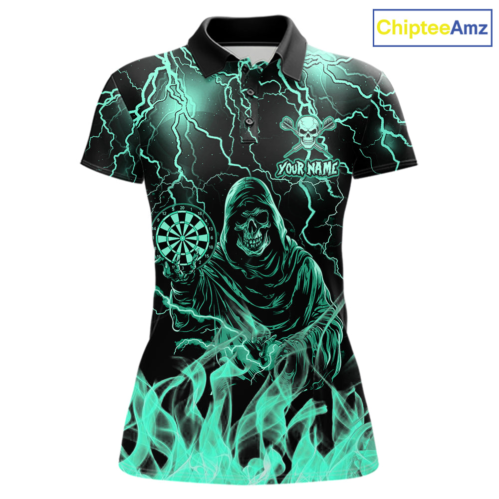 Turquoise Grim Reaper Fire Flame Darts Polo Shirt Featuring Thunder Lightning Artwork for Dart League Players, Team Competition, and Championship Tournament Events