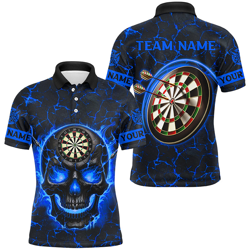 Personalized Fire Flame Skull Magma Pattern Men Darts Shirts, Dart League Shirts Team Jerseys |Blue TDM2585