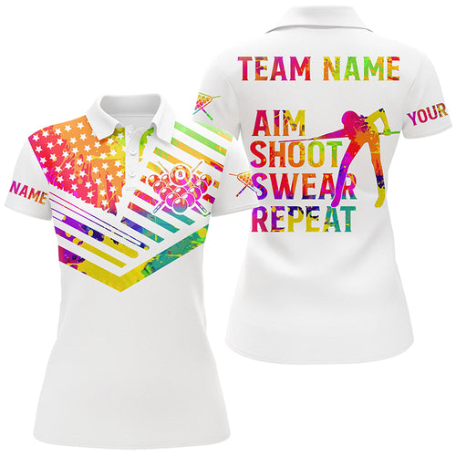 Billiard Aim Shoot Swear Repeat Custom 3D White Multicolor Women Polo Shirts, Billiard Shirts Funny TDM0625