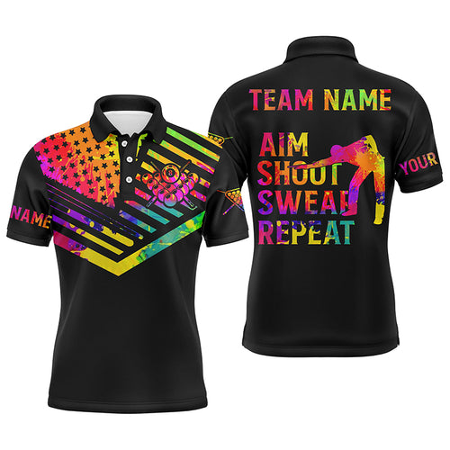 Billiard Aim Shoot Swear Repeat Custom 3D Black Multicolor Men Polo Shirts, Billiard Shirts Funny TDM0626