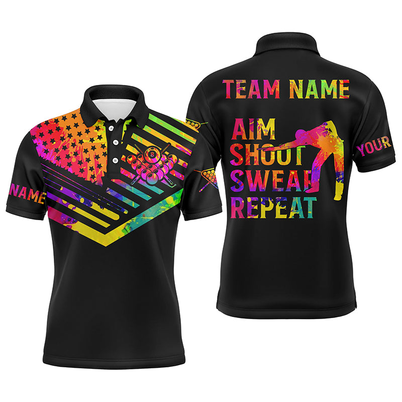 Billiard Aim Shoot Swear Repeat Custom 3D Black Multicolor Men Polo Shirts, Billiard Shirts Funny TDM0626