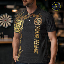 Load image into Gallery viewer, Personalized Gold Black Tribal Darts Shirt For Men Custom Darts Jersey Team Polo &amp; Quarter Zip TDM5557