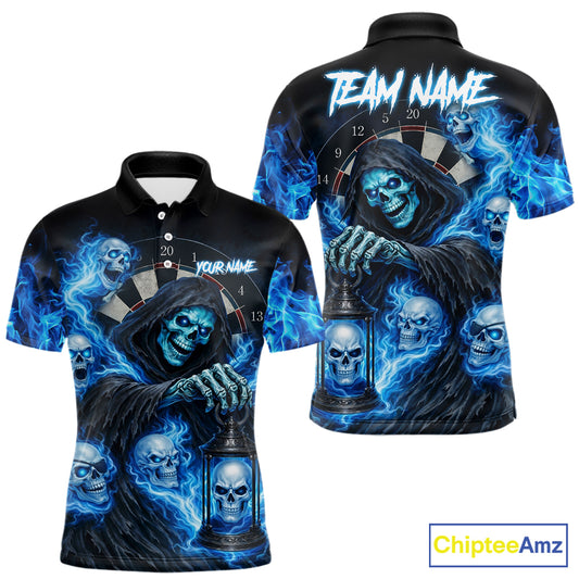 Blue Grim Reaper Flame Darts Shirt For Men Custom Skull Darts League Jersey Team Polo & Quarter Zip TDM5560