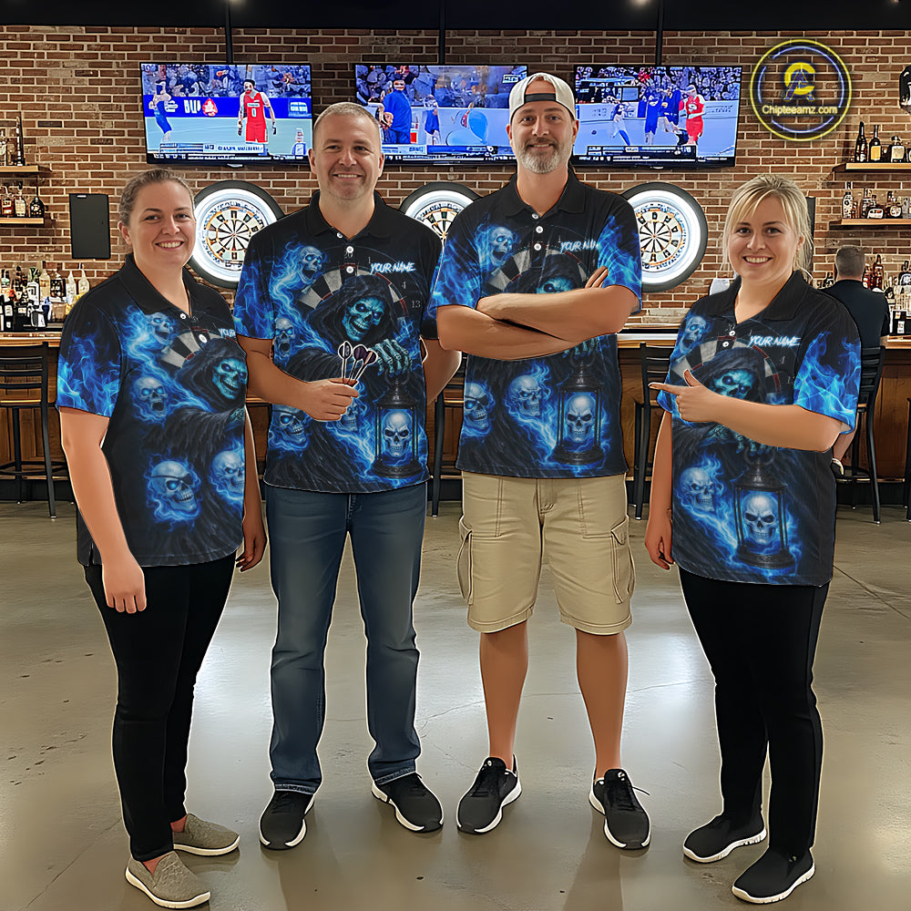 Blue Grim Reaper Flame Darts Shirt For Men Custom Skull Darts League Jersey Team Polo & Quarter Zip TDM5560