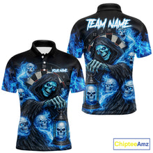 Load image into Gallery viewer, Blue Grim Reaper Flame Darts Shirt For Men Custom Skull Darts League Jersey Team Polo &amp; Quarter Zip TDM5560