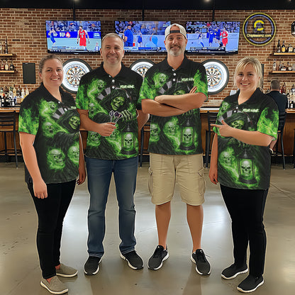 Green Grim Reaper Flame Darts Shirt For Women Custom Skull Darts League Jersey Team Polo & 1/4 Zip TDM5561