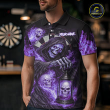 Load image into Gallery viewer, Purple Grim Reaper Flame Darts Shirt For Men Custom Skull Darts League Jersey Team Polo &amp; 1/4 Zip TDM5562