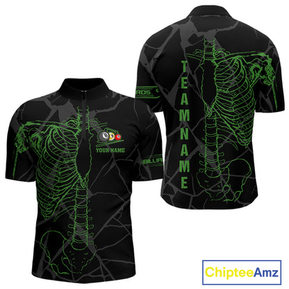 Black And Green Funny Skeleton Billiard Polo & 1/4 Zip For Men Custom Billiard Pool Team Jersey TDM5797
