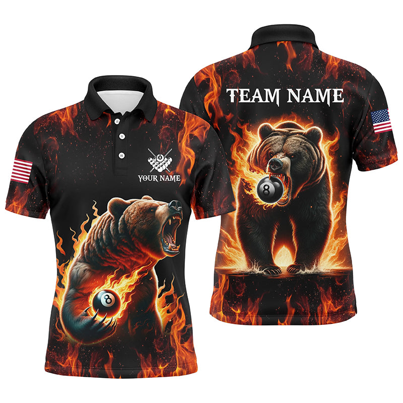 Personalized Funny Bear And 8 Ball Pool Fire Flame Men Billiard Polo Shirts, Unique Billiard Attire TDM1315