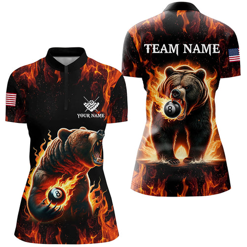 Custom Funny Bear & 8 Ball Pool Fire Flame Women Quarter-Zip Shirts, Unique Billiard Attire TDM1315