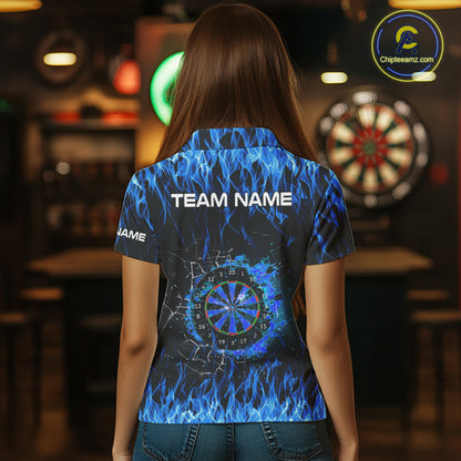 Blue Flaming Dart Shirt With Pocket Option For Women Custom Dart Team Jersey TDM3791