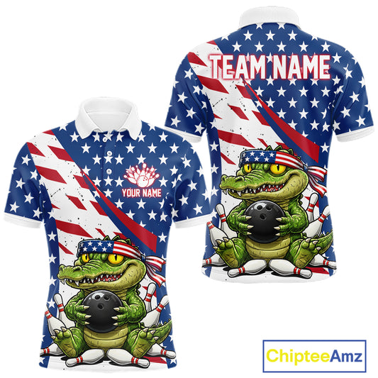 Polo shirt with American flag design and cartoon alligator holding a bowling ball, customizable with 'Your Name' and 'Team Name'.