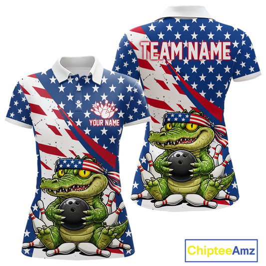 A polo shirts with a alligator holding a bowling ball design, one with an American flag pattern and customized name text