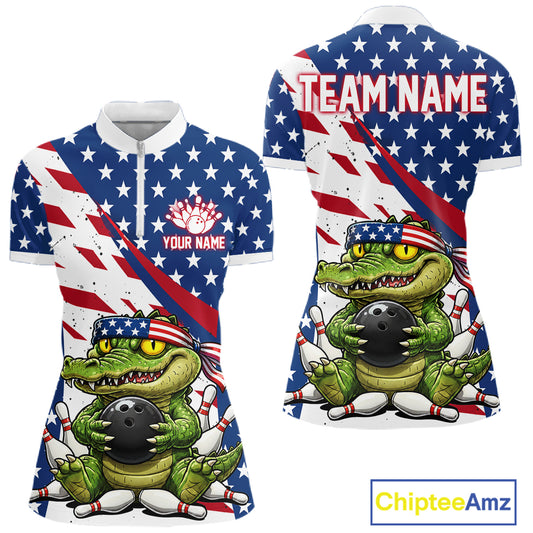A quarter zip shirts with an alligator holding a bowling ball design, one with an American flag pattern and customized name text