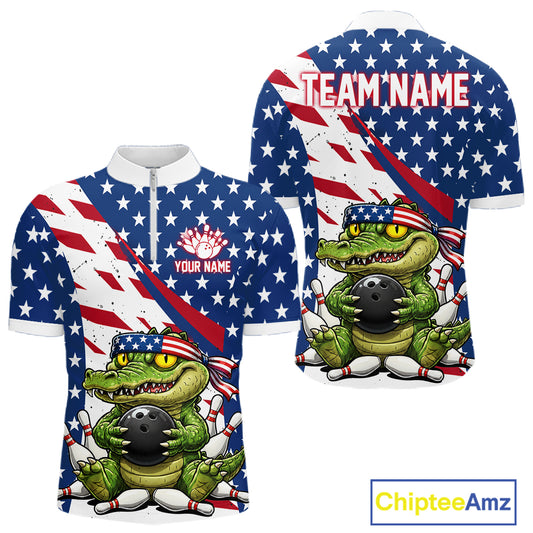 American flag-themed shirt with a cartoon alligator holding a bowling ball, customizable text