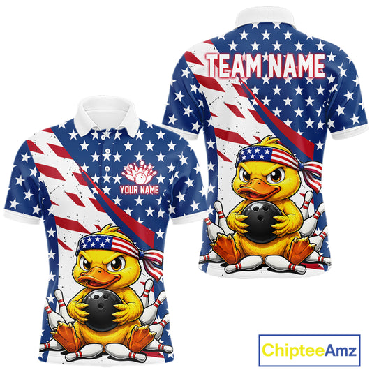 A polo shirts with a duck holding a bowling ball design, one with an American flag pattern and customized name text