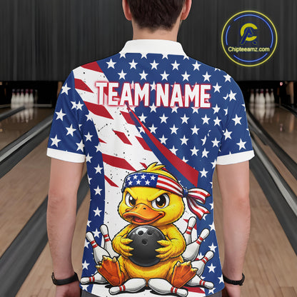 Person wearing a bowling shirt with a duck holding a bowling ball design and American flag, in a bowling alley.