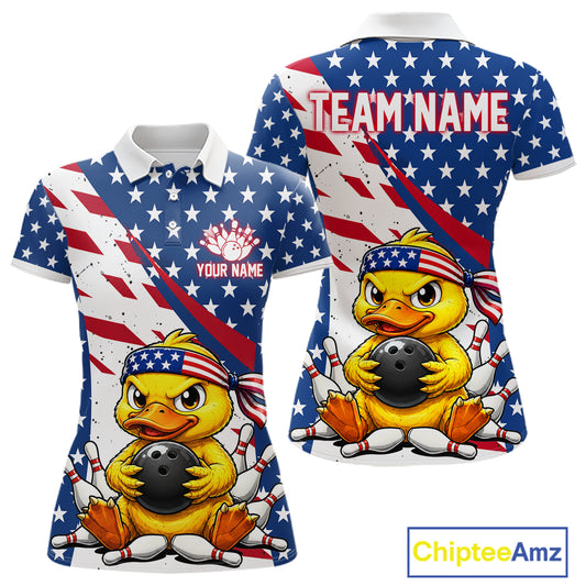 A polo shirts with a duck holding a bowling ball design, one with an American flag pattern and customized name text