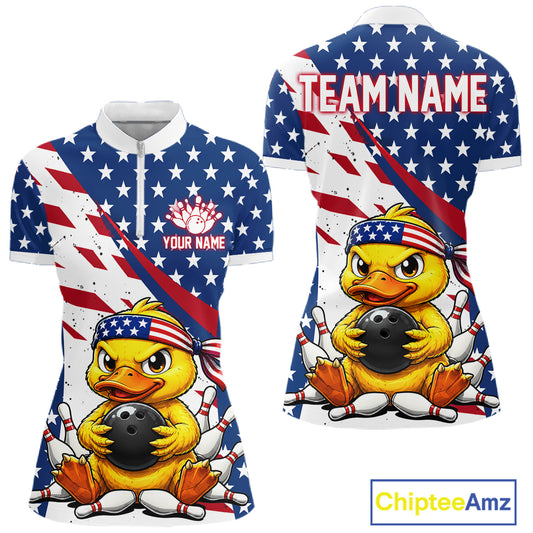A quarter zip shirts with a duck holding a bowling ball design, one with an American flag pattern and customized name text
