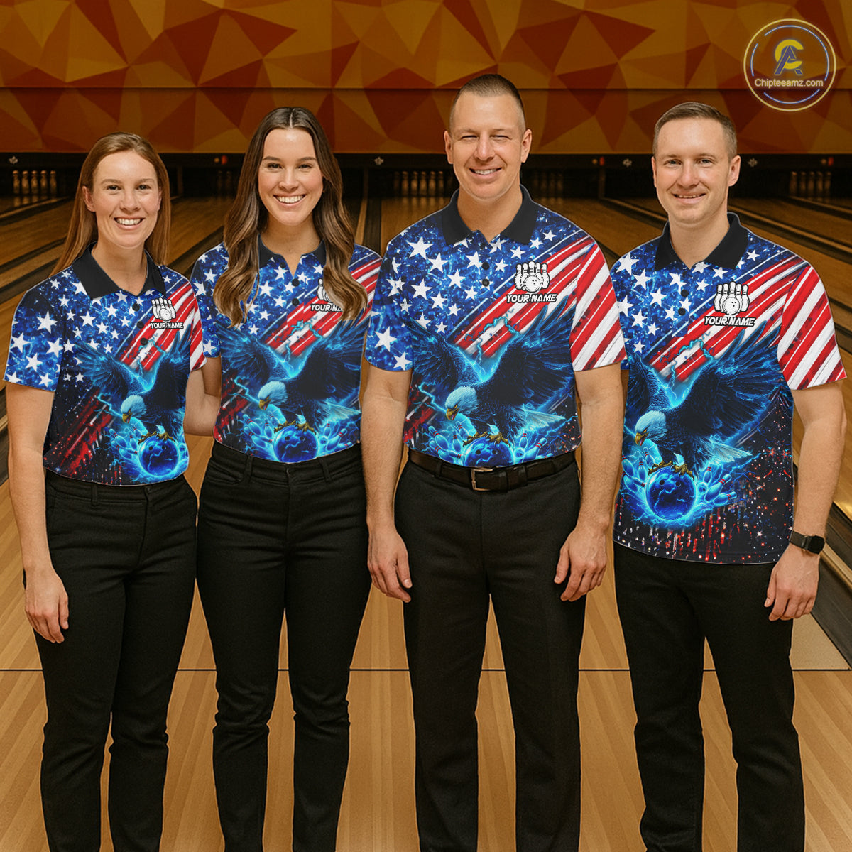 Four people wearing matching American flag-themed bowling shirts on a bowling alley.