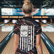 Load image into Gallery viewer, Back view of woman wearing a black American flag bowling polo shirt, custom bowling team jersey design.