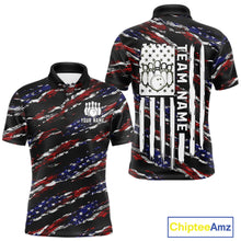 Load image into Gallery viewer, Black American flag custom bowling polo shirt for men, patriotic bowling team jersey for league tournaments.
