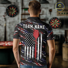 Load image into Gallery viewer, Back view of man wearing a black American flag darts team jersey, custom darts tournament apparel.