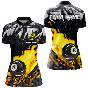 Yellow 8 Ball Fire Flame Grunge Pattern Custom Billiard Shirts For Women, 8 Ball Pool Jerseys Outfit TDM2342