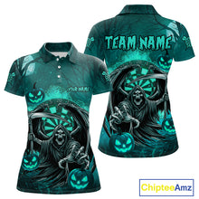 Load image into Gallery viewer, Turquoise Grim Reaper Halloween Darts Shirt For Women Custom Darts Jersey Team Polo &amp; Quarter Zip TDM4666