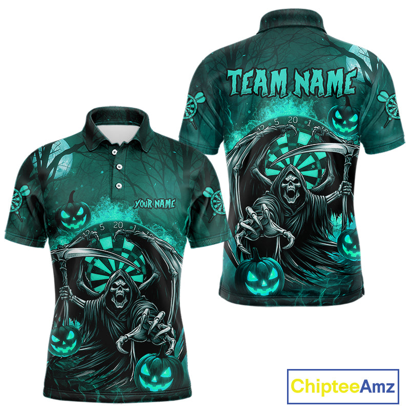 Turquoise Grim Reaper Halloween Darts Shirt For Men Custom Darts Jersey Team Polo & Quarter Zip TDM4666