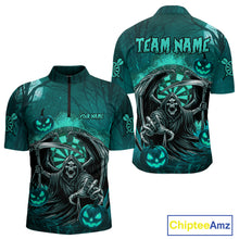 Load image into Gallery viewer, Turquoise Grim Reaper Halloween Darts Shirt For Men Custom Darts Jersey Team Polo &amp; Quarter Zip TDM4666