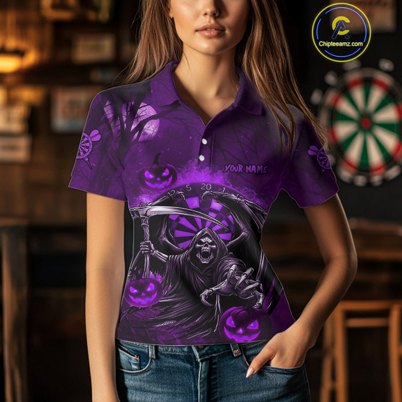 Funny Purple Grim Reaper Halloween Darts Shirt For Women Custom Darts Jersey Team Polo & Quarter Zip TDM4667