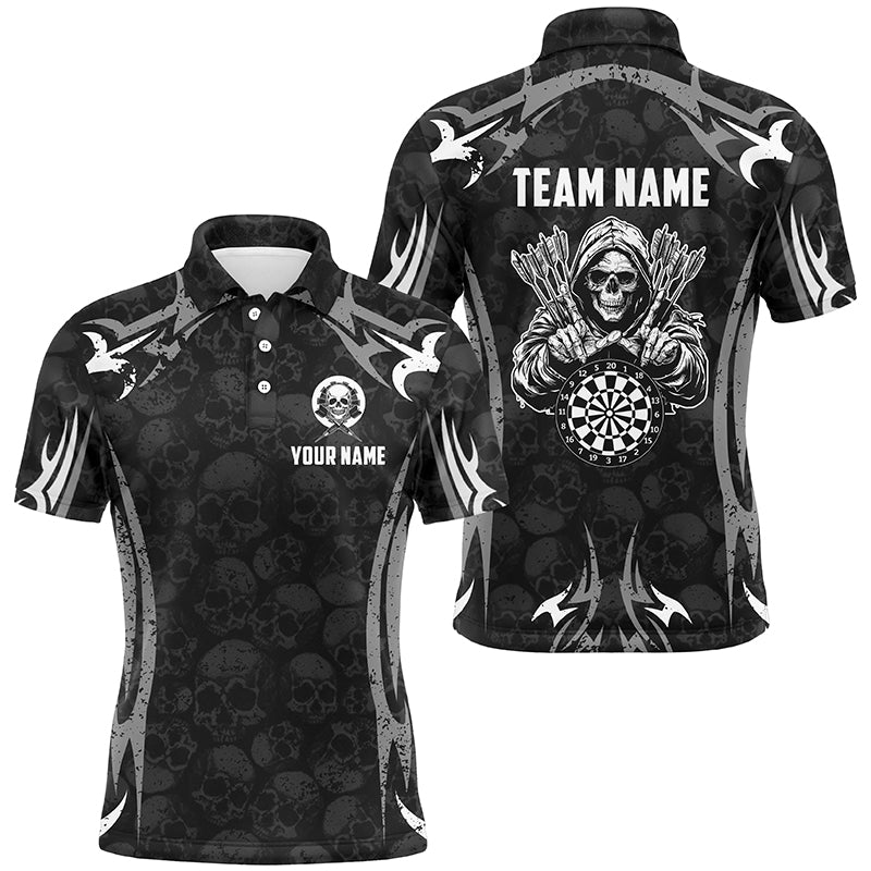 Black Grey Death Skeleton Skull Pattern Custom Darts Shirts For Men, Scary Darts Team Jerseys TDM2594