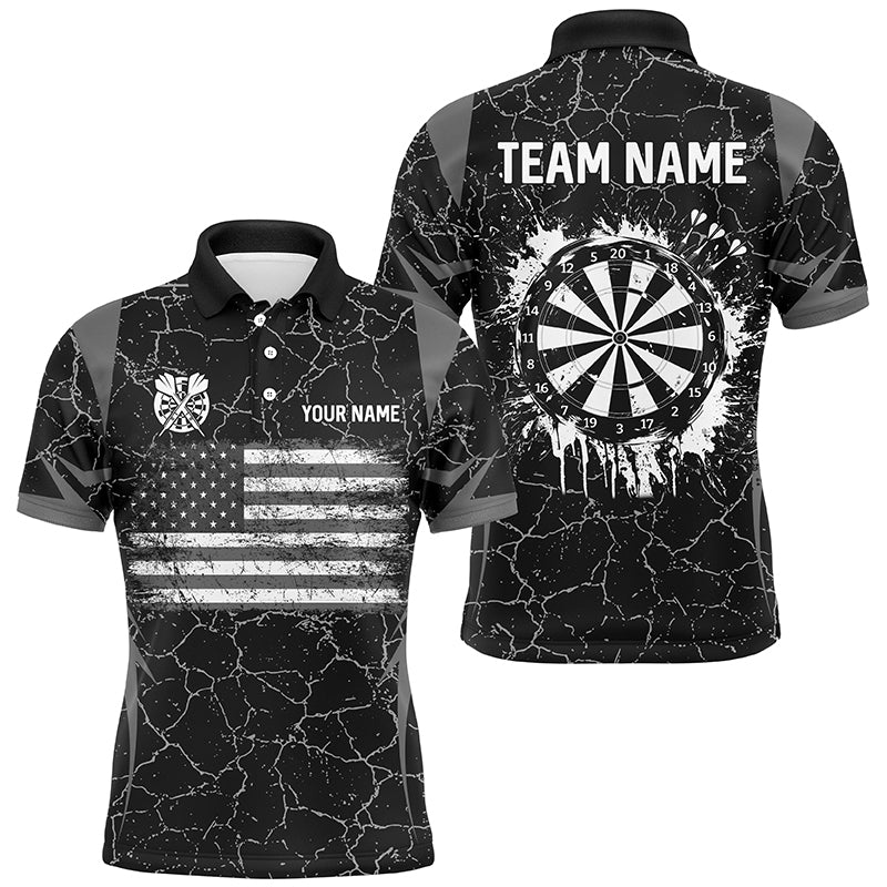 Personalized Black White Retro US Flag Patriotic Men Dart Shirts, Crack Pattern Grunge Dart Jerseys TDM2596