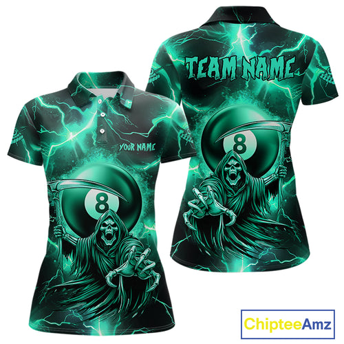 Turquoise Grim Reaper 8 Ball Women's Billiard Shirt Custom Thunder Lightning Pool Team Jersey TDM4872