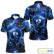 Load image into Gallery viewer, Personalized Blue Grim Reaper 8 Ball Men&#39;s Billiard Shirt Custom Thunder Lightning Pool Team Jersey TDM4873