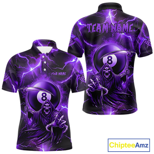 Purple Grim Reaper 8 Ball Men's Billiard Shirt Custom Thunder Lightning Halloween Pool Team Jersey TDM4874