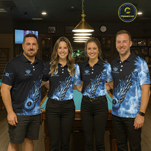 Load image into Gallery viewer, Black And Blue Flaming Icy 8 Ball Pool Billiard Shirt For Men Custom Billiard Team Jersey TDM5808
