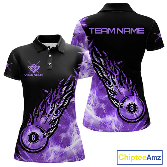 Black And Purple Flaming Icy 8 Ball Pool Billiard Shirt For Women Custom Billiard Team Jersey TDM5809